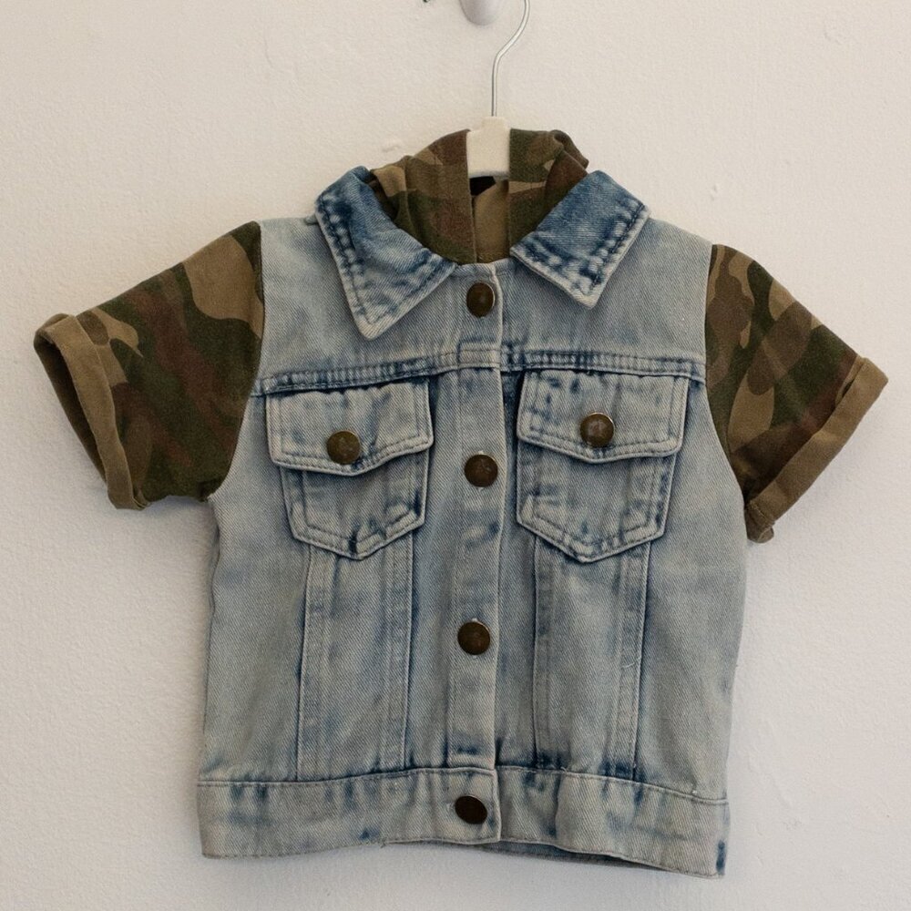 Camo Sleeve Denim Hooded Jacket Kids 3-4T Jean Vest Urban Streetwear Style